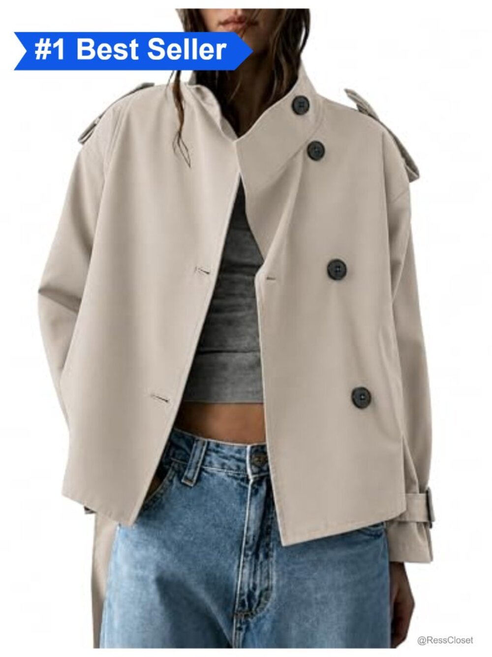 Cropped Trench Coat Belted Stand Collar Cotton Blend Jacket